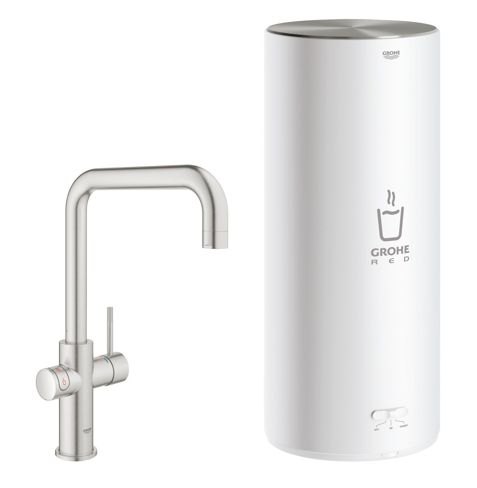 Grohe Red New Duo kokend water kraan met U uitloop en L formaat boiler RVS