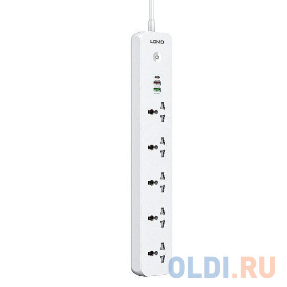 LDNIO SC5319/ Сетевой удлинитель 2м/ 5 розеток EU_UK_US/ 2500W/ 3 USB: QC 3.0+PD 3.0 38W/ White