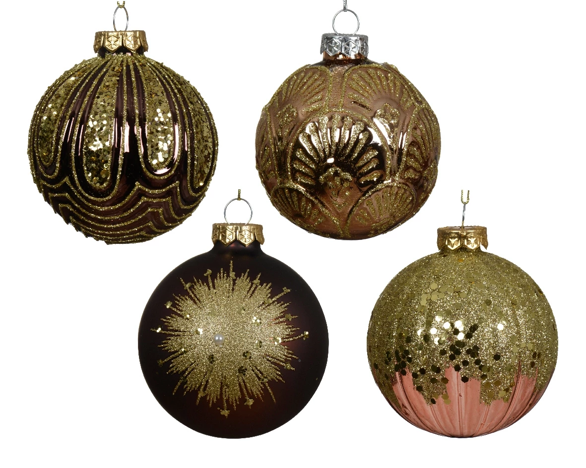 Decoris Kerstbal glas 8cm bruin met goude glitters