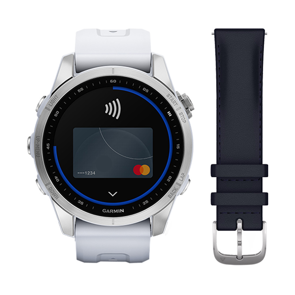 Garmin Fenix 7S Zilver/Wit 42mm + Garmin Leren Bandje Blauw 20mm