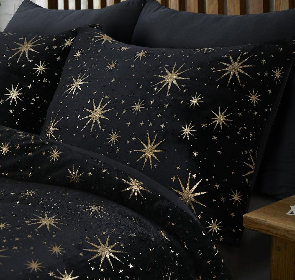 RoyalTextile - Glamour Stars Foil Dekbedovertrek Flanel - Zwart - 240 x 220