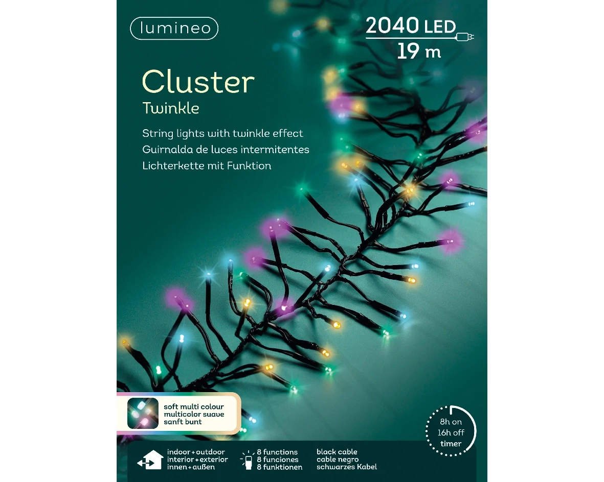 Lumineo cluster lights 19m zwart/soft multi colour