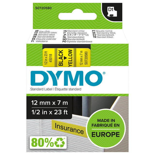 Labeltape Dymo 45018 D1 720580 12mmx7m zwart op geel | 1 stuk