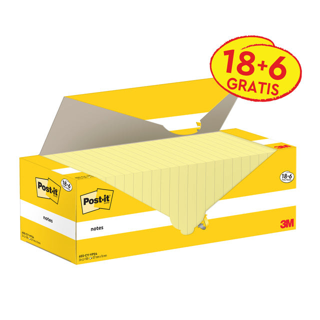 Post-it Notes, 100 vel, ft 76 x 127 mm, kanariegeel (canary yellow), 18 blokken + 6 GRATIS