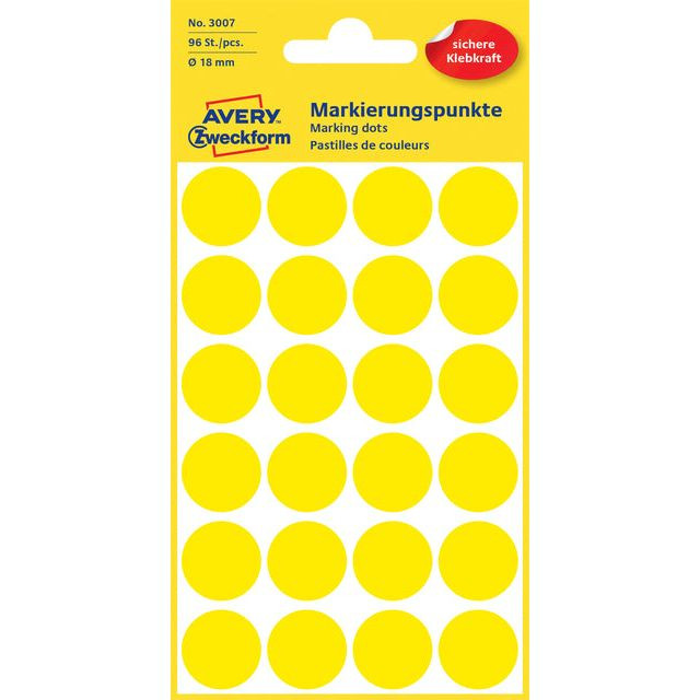 Etiket Avery Zweckform 3007 rond 18mm geel 96stuks | Pak a 4 vel