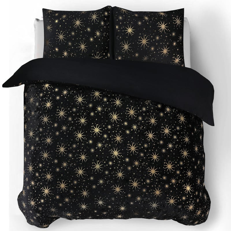 Flanellen Dekbedovertrek Glamour Stars - Tweepersoons (200x200 cm) - Zwart - Dessin: Sterren - Sleeptime - Dekbed-Discounter.nl