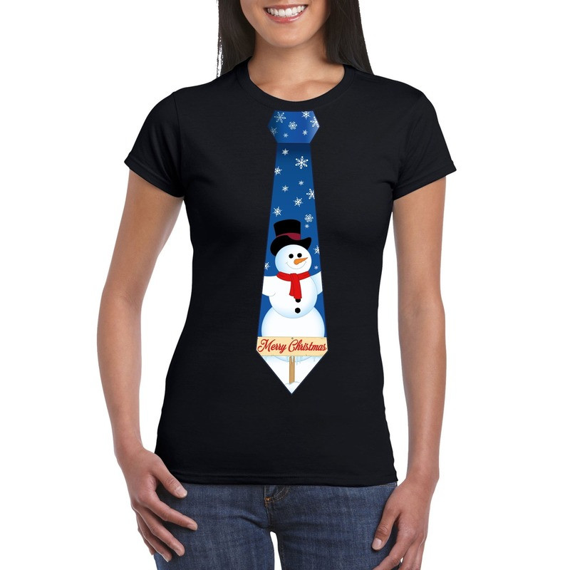 Fout kerst t-shirt zwart met sneeuwpop stropdas voor dames