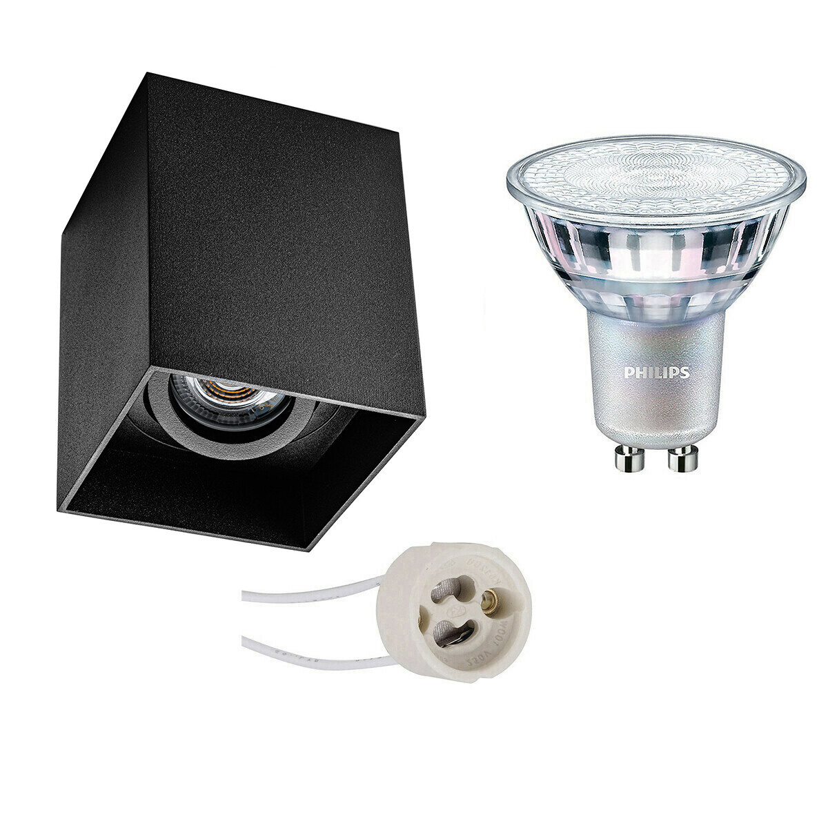 Opbouwspot Set - Pragmi Luxina Pro - GU10 Fitting - Opbouw Vierkant - Mat Zwart - Verdiept - Kantelbaar - 90mm - Philips - MASTER 927 36D VLE - 3.7W - Warm Wit 2200K-2700K - DimTone Dimbaar