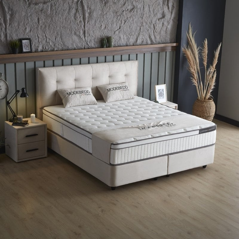 1-Persoons Boxspring met opbergruimte Modebedd - Beige - Beige 90x200 cm - Pocketvering - Inclusief Topper - Dekbed-Discounter.nl