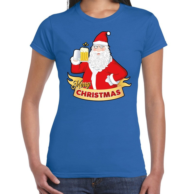 Fout kerstshirt blauw santa met pul bier voor dames