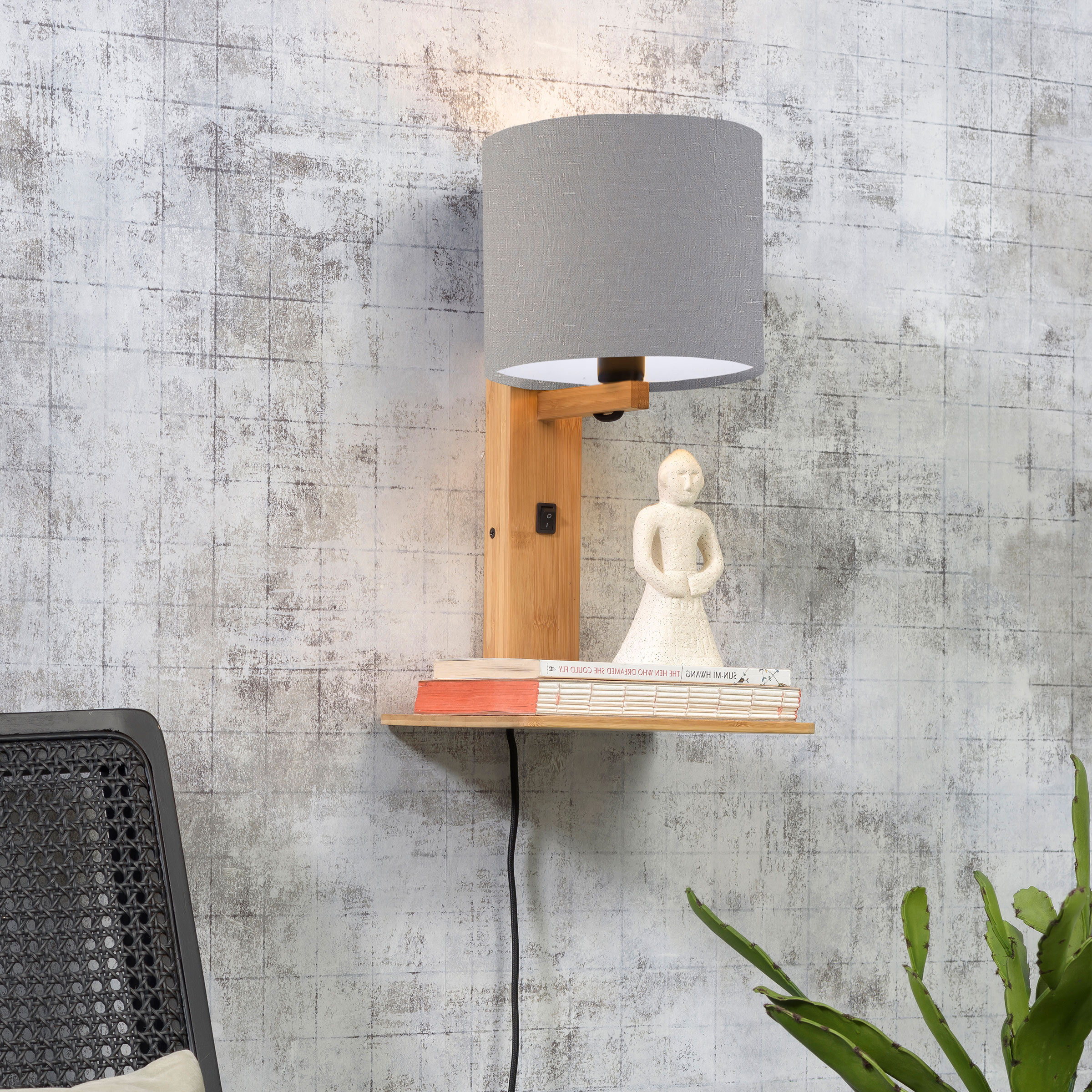 GOOD&MOJO Wandlamp Andes Naturel, Bamboe en Eco linnen, Met plank