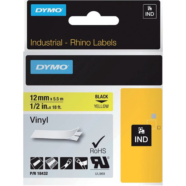 Dymo RHINO vinyltape 12 mm, zwart op geel