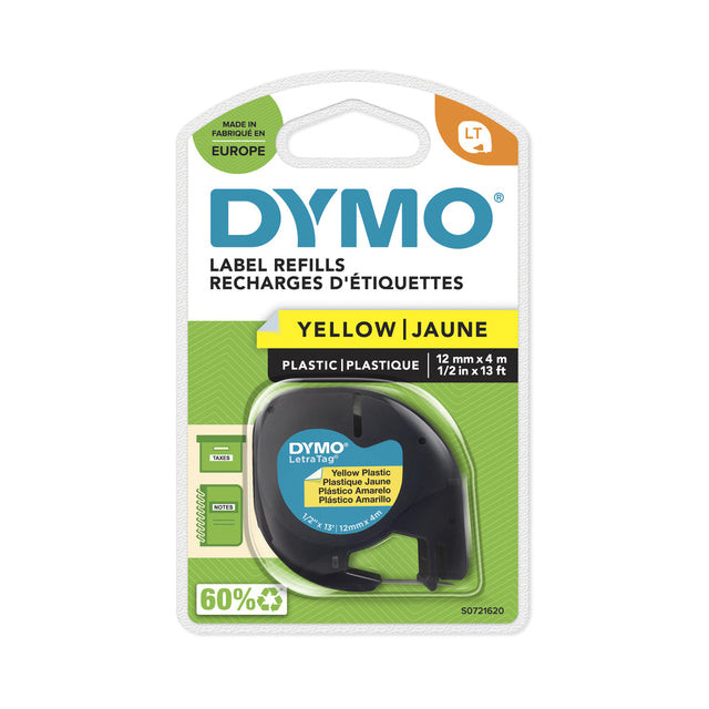 Labeltape Dymo Letratag 91202 plastic 12mm zwart op geel | 1 stuk