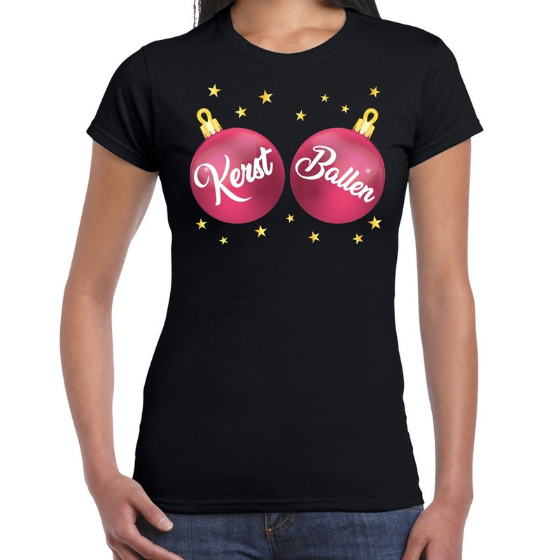 Fout kerst t-shirt zwart met roze kerst ballen voor dames