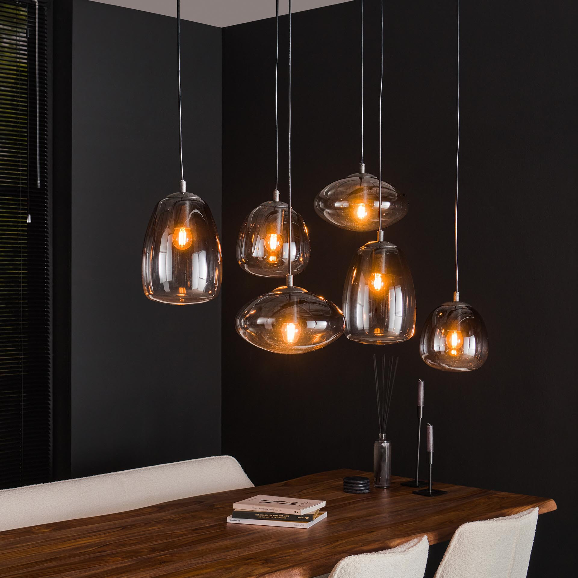 LifestyleFurn Hanglamp 'Tiffane' 6-lamps, smoke-glas