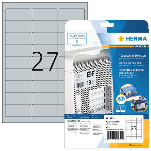 Etiket HERMA 4222 63.5x29.6mm weerbestendig zilver 675stuks | Blister a 25 vel