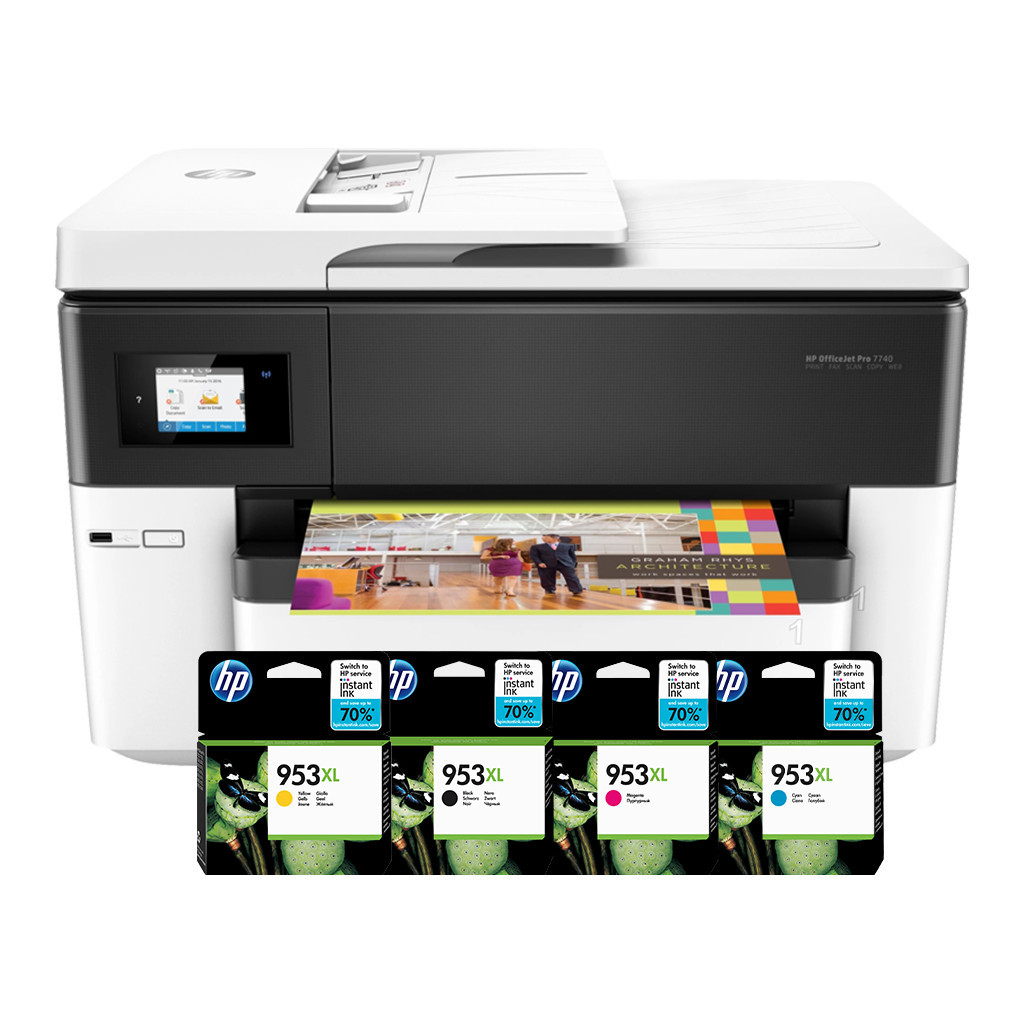 HP Officejet 7740 + 1 set extra inkt