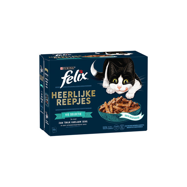 Felix Heerlijke Reepjes Vis Selectie met zalm, tonijn, kabeljauw, schol in saus natvoer kat 8 x (12 x 80 g)