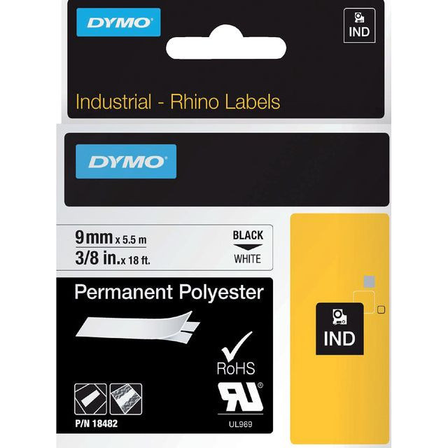 Labeltape Dymo Rhino 18482 polyester 9mmx5.5m zwart op wit