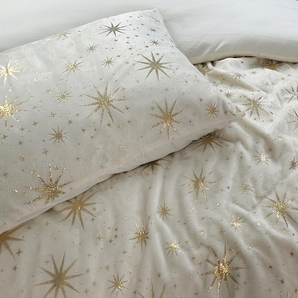 RoyalTextile - Glamour Stars Foil Dekbedovertrek Flanel - Crème - 140 x 220