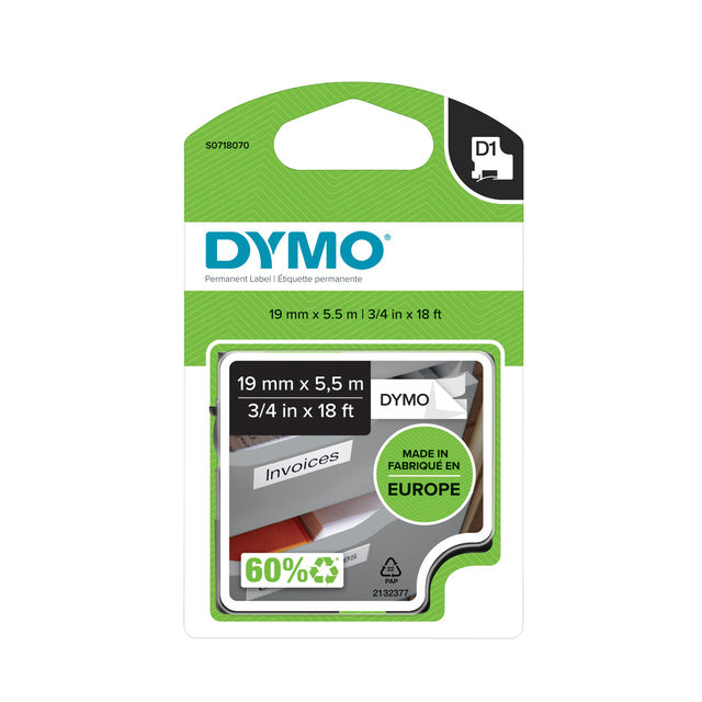 Dymo D1 permanente polyestertape 19 mm, zwart op wit