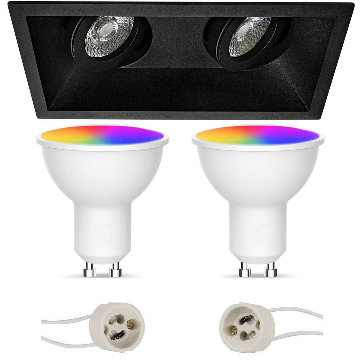 LED Spot Set GU10 - Facto - Smart LED - Wifi LED - Slimme LED - 5W - RGB+CCT - Aanpasbare Kleur - Dimbaar - Pragmi Zano Pro - Inbouw Rechthoek Dubbel - Mat Zwart - Kantelbaar - 185x93mm