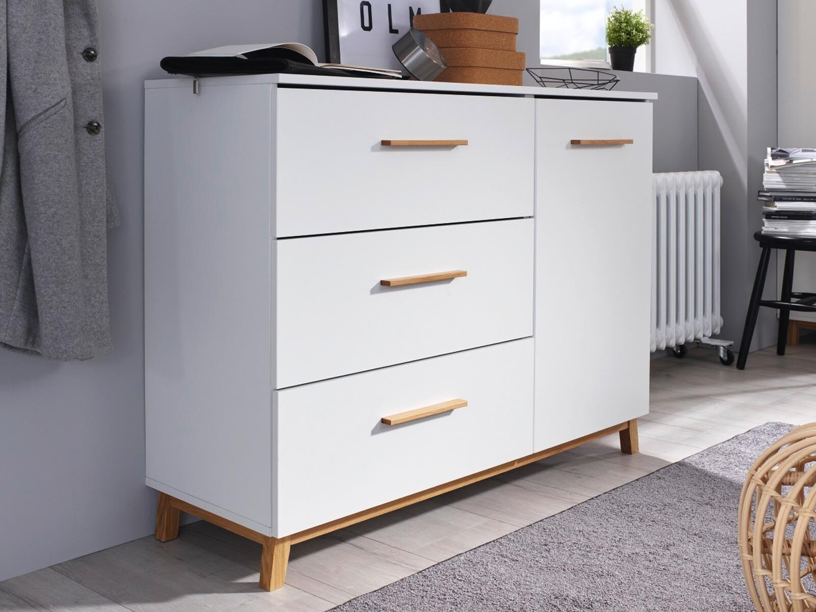 Commode CARLINO 1 deur 3 lades wit/eik massief