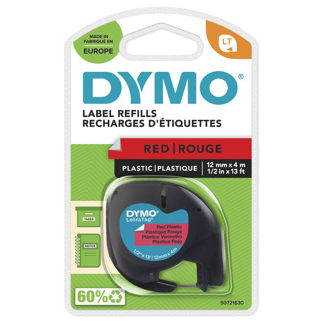 Labeltape Dymo Letratag 91203 plastic 12mm zwart op rood | 1 stuk