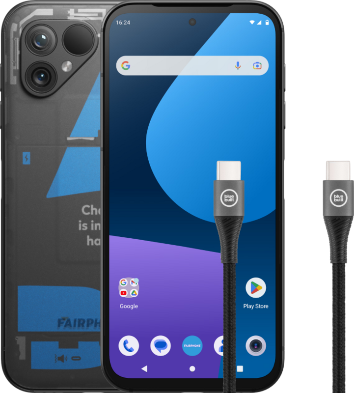 Fairphone 5 256GB Transparant 5G + BlueBuilt Usb C Kabel 1,5m Nylon Zwart