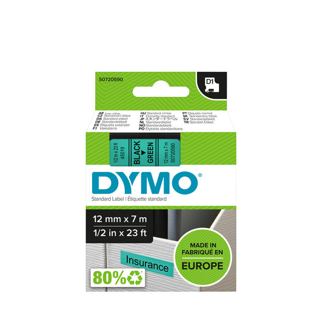 Labeltape Dymo 45019 D1 720590 12mmx7m zwart op groen | 1 stuk