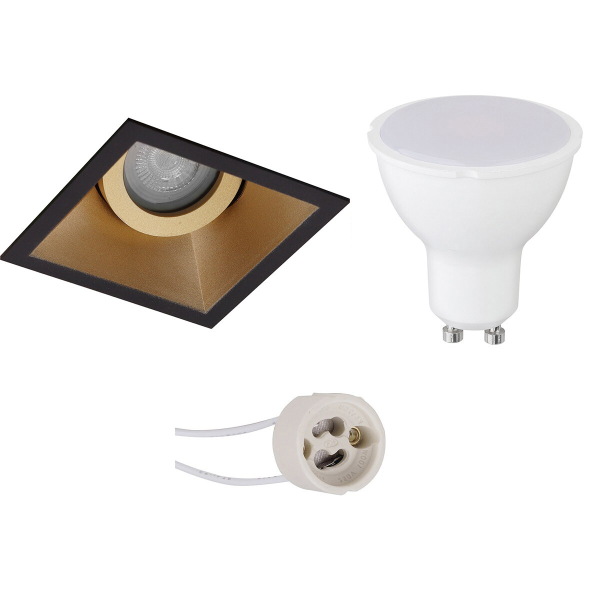 LED Spot Set - Pragmi Zano Pro - GU10 Fitting - Inbouw Vierkant - Mat Zwart/Goud - 4W - Natuurlijk Wit 4200K - Kantelbaar - 93mm