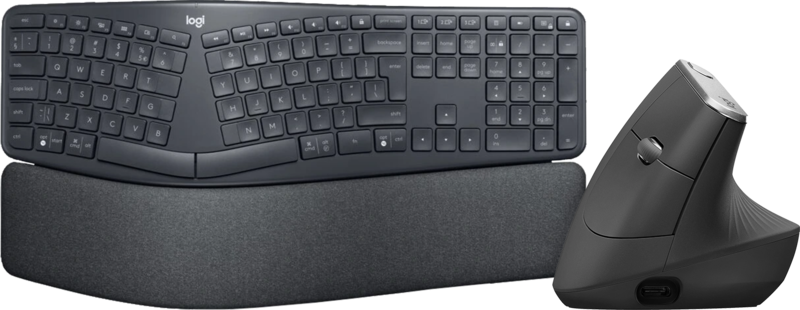 Logitech K860 + Logitech MX Vertical Ergo Muis