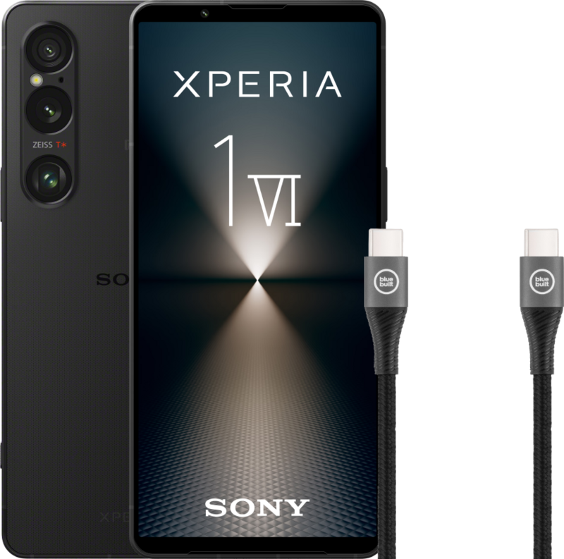 Sony Xperia 1 VI 256GB Zwart 5G + BlueBuilt Usb C Kabel 1,5m Nylon Zwart