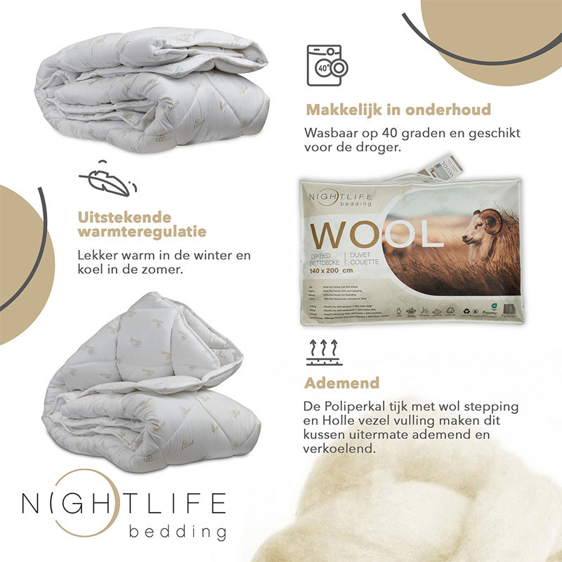 Enkel , All season Dekbed Natural Wol - 200x200 cm (Tweepersoons) - Nightlife - 450 Gram - Dekbed-Discounter.nl