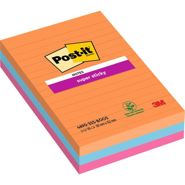 Post-it Super Sticky Notes XXL Boost, 90 vel, ft 101 X 152 mm, gelijnd, geassorteerde kleuren, pak van 3