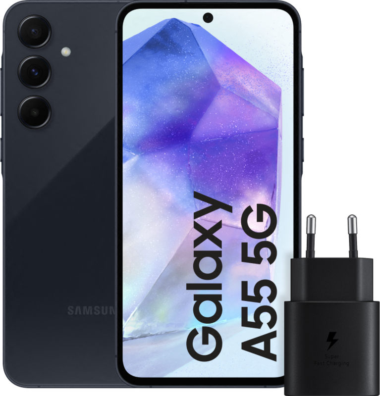 Samsung Galaxy A55 256GB Donkerblauw 5G + Samsung 25 Watt Snellader Zwart