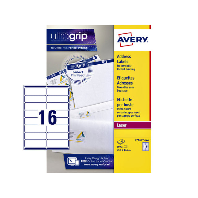 Avery L7162, Adresetiketten, Laser, Ultragrip, wit, 100 vellen, 16 per vel, 99,1 x 33,9 mm