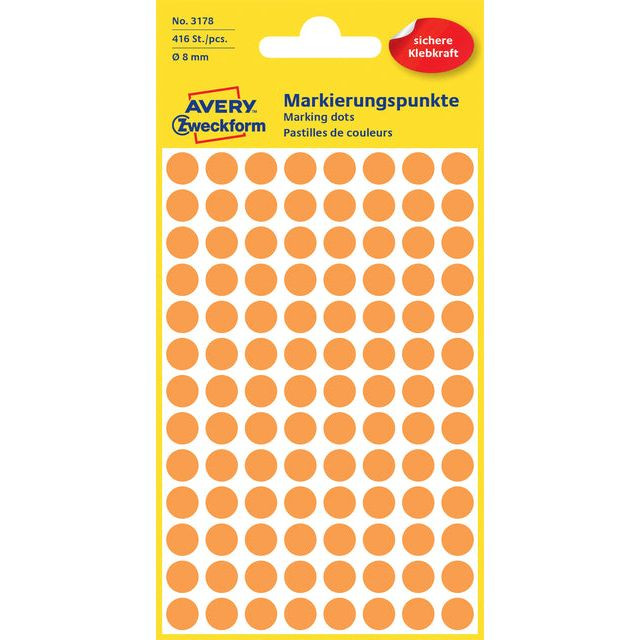 Etiket Avery Zweckform 3178 rond 8mm oranje 416stuks | 10 stuks