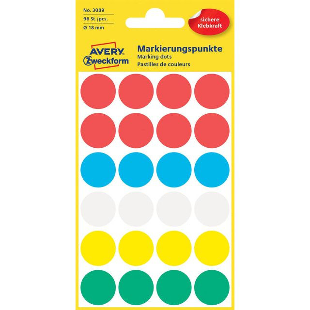 Etiket Avery Zweckform 3089 rond 18mm assorti 96stuks | 10 stuks