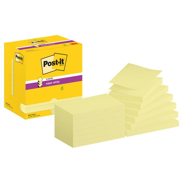 Post-It Super Sticky Z-Notes, 90 vel, ft 76 x 127 mm, geel, pak van 12 blokken