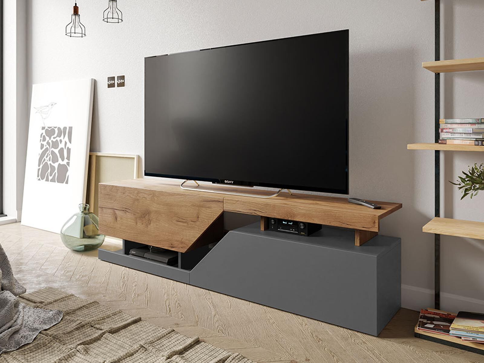 Tv-meubel CESAR 2 deuren 160 cm antraciet/wotan eik