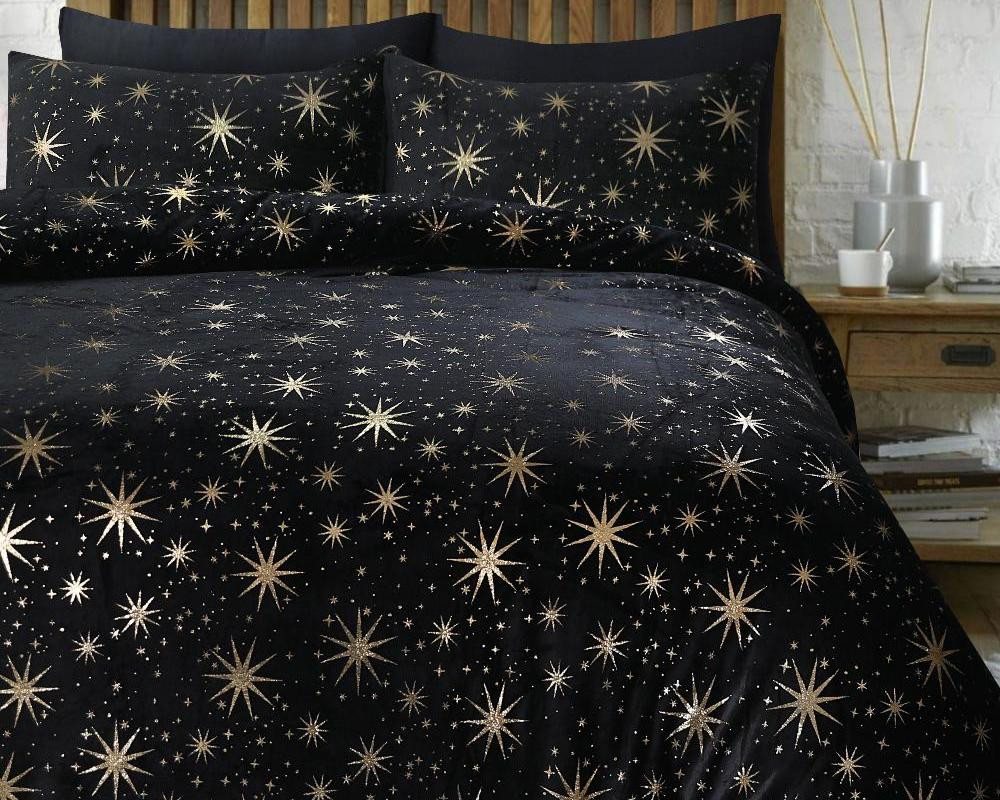 RoyalTextile - Glamour Stars Foil Dekbedovertrek Flanel - Zwart - 200 x 220