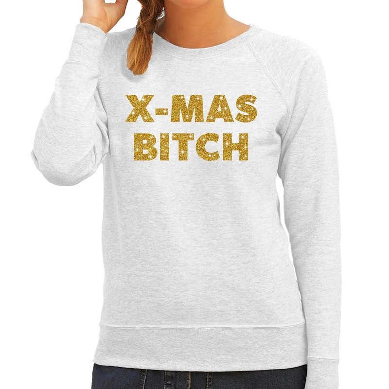 Kersttrui Christmas Bitch gouden glitter letters grijs dames