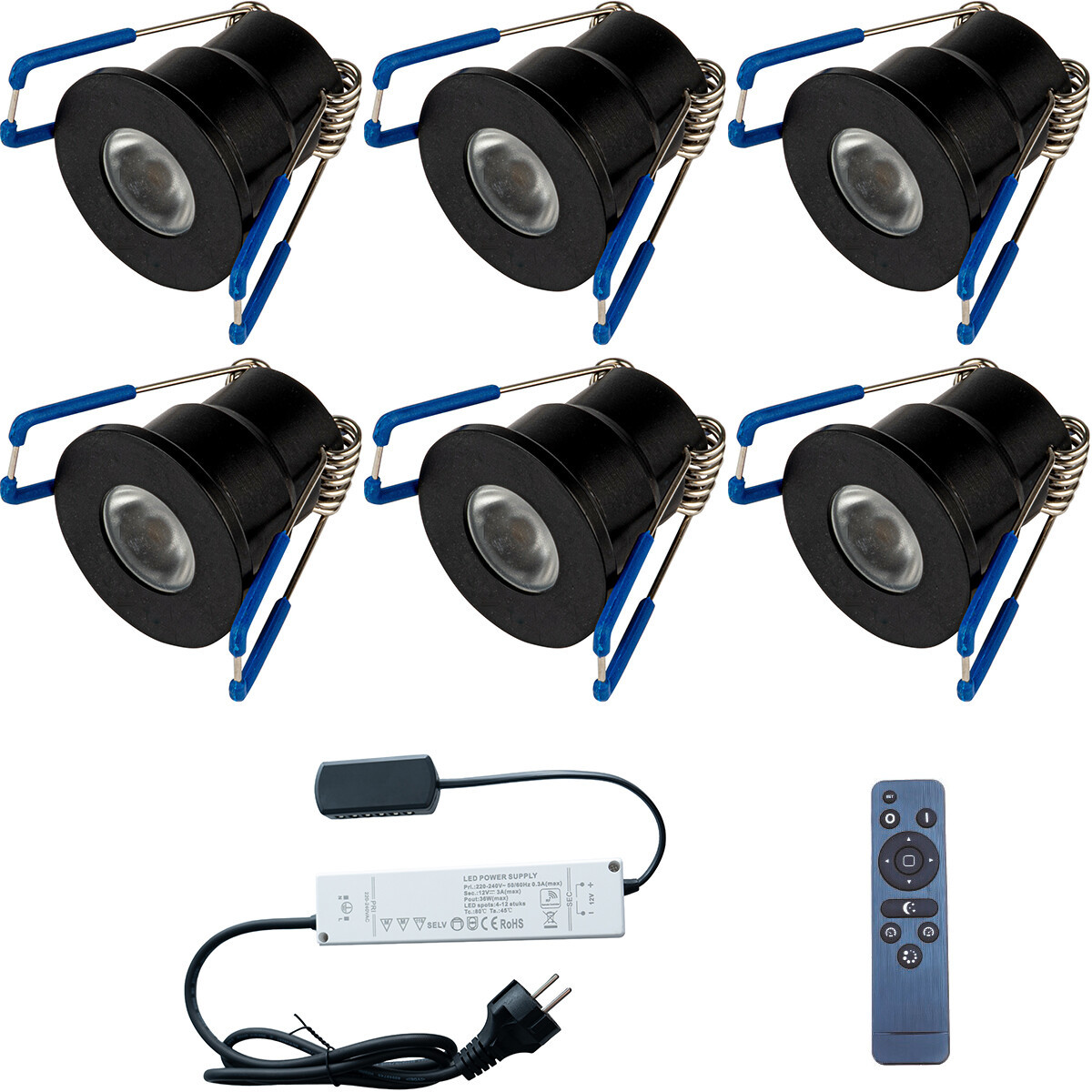 LED Veranda Spot Complete Set - Velvalux - 6 Stuks - 3W - Warm Wit 3000K - Dimbaar - Waterdicht IP65 - Inbouw - Rond - Mat Zwart - Aluminium - 12V