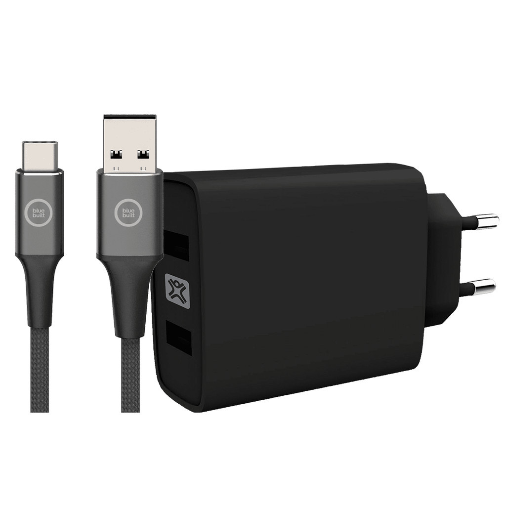 XtremeMac Quick Charge Oplader met 2 Usb A Poorten 18W + Usb C Kabel 1,5m Nylon Zwart