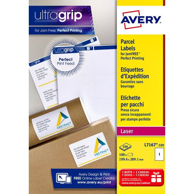 Avery L7167, Verzendetiketten, Laser, Ultragrip, wit, 100 vellen, 1 per vel, 199,6 x 289,1 mm