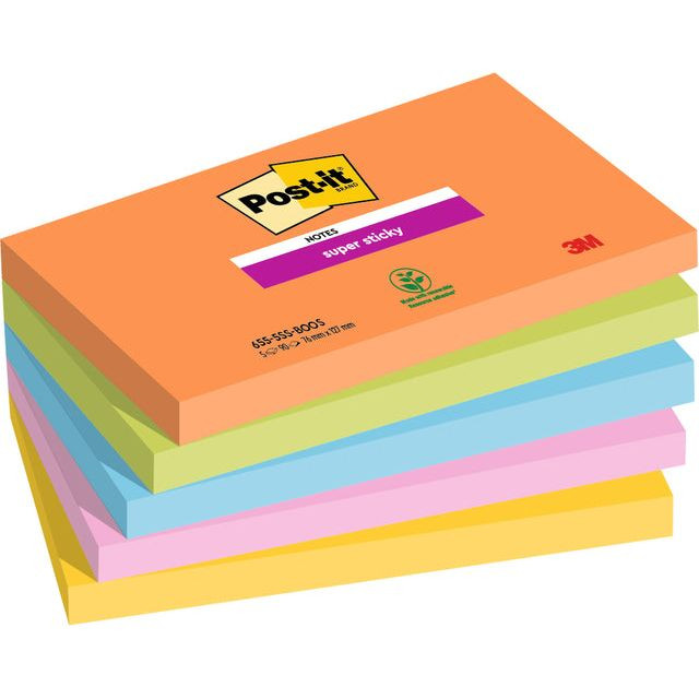 Post-it Super Sticky notes Boost, 90 vel, ft 76 x 127 mm, geassorteerde kleuren, pak van 5 blokken