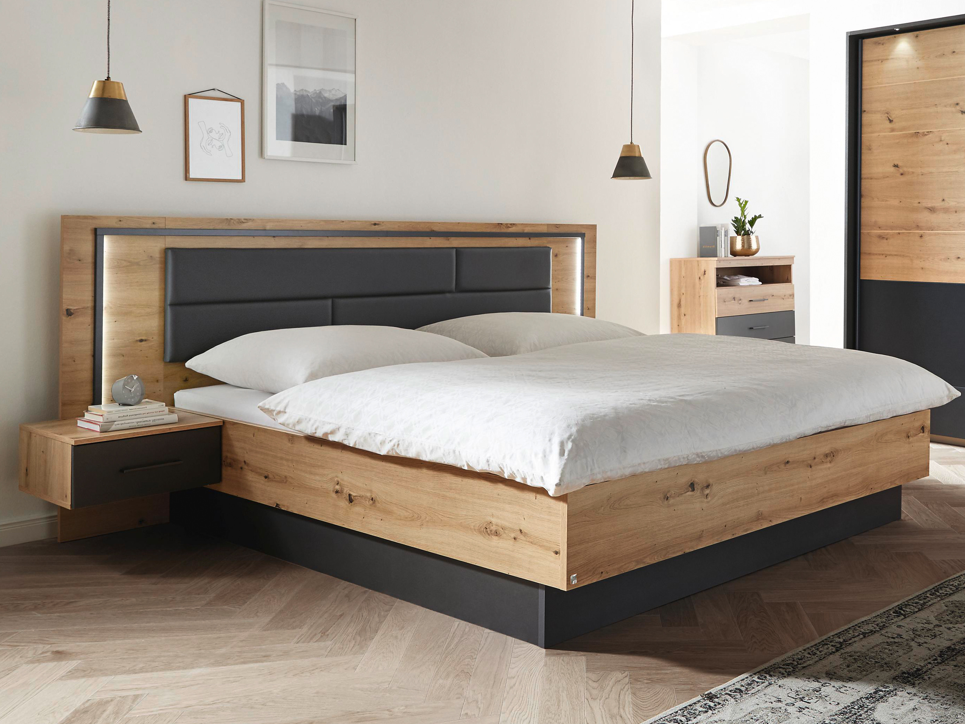 Tweepersoonsbed BALBOA 180x200 cm artisan eik met nachtkastjes