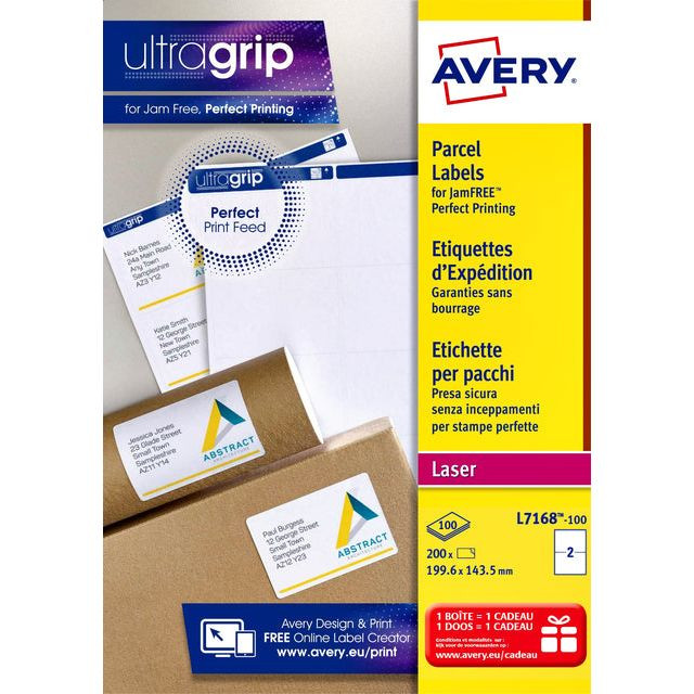 Avery L7168, Verzendetiketten, Laser, Ultragrip, wit, 100 vellen, 2 per vel, 199,6 x 143,5 mm