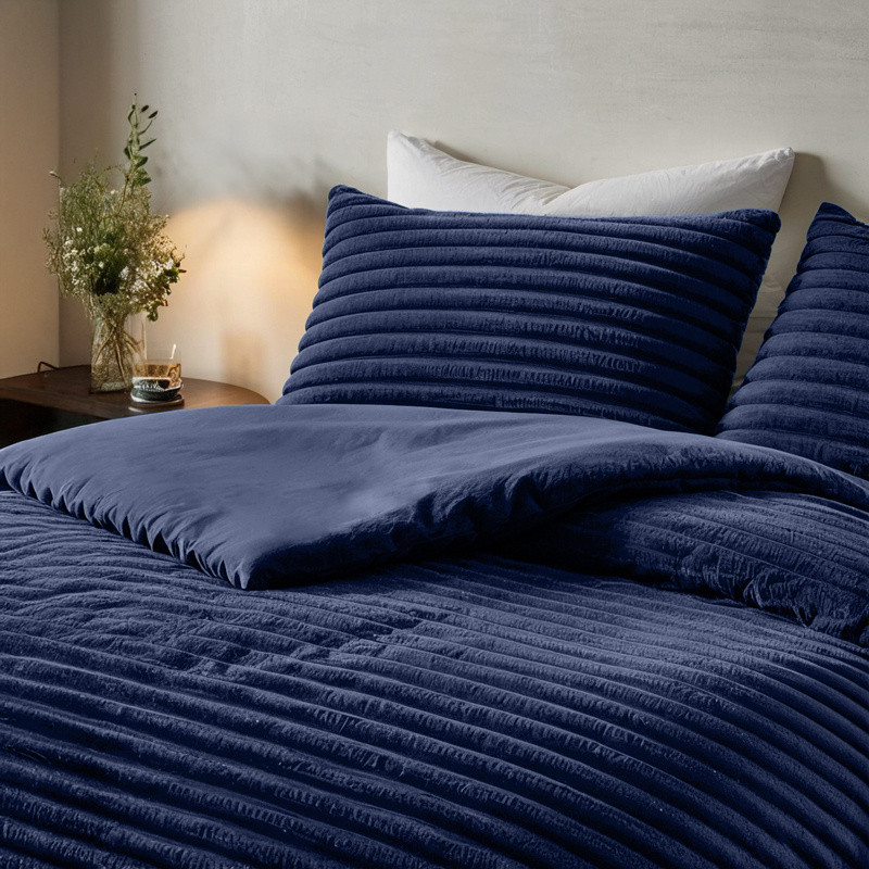 Dekbedovertrek Teddy Rib - Eenpersoons (140x220 cm) - Navy Microvezel - Dessin: Strepen - Fresh & Co - Dekbed-Discounter.nl